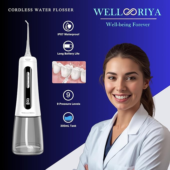 Wellooriya Cordless Water Flosser for Teeth – 300mL Large Tank, 9 Pressure Levels, LED Display, USB-C Rechargeable, IPX7 Waterproof Dental Oral Irrigator for Home & Travel (White)