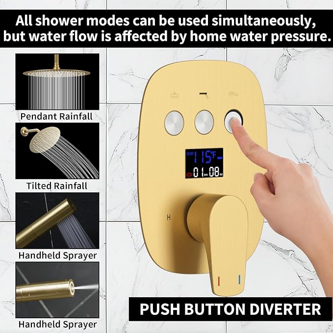 HONGTONGSOWER 12Inch Brushed Gold Ceiling Shower System & 8Inch Wall-Mount Shower Faucet Set, 2 in 1 Handheld with Adjustable Slide Bar Included Temperature Display Valve and Trim Kit Can Work At Once