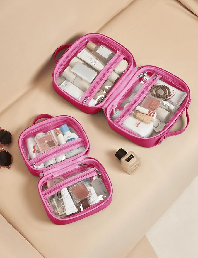 Clear Cosmetic Bag Double Layer Travel Toiletry Bag Clear Makeup Bag Case with 4 Compartments, Transparent Travel Bag for Toiletries, Large Toiletry Bag for Women Cosmetic Case (Hot Pink, Large)