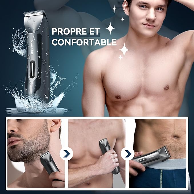 Body Hair Trimmer for Men, kensen Electric Groin Hair Trimmer, Christmas Gift Rechargeable Body Groomer, Replaceable Ceramic Blade Heads, IPX7 Waterproof Wet/Dry Clippers Male Pubic Hair Hygiene Razor