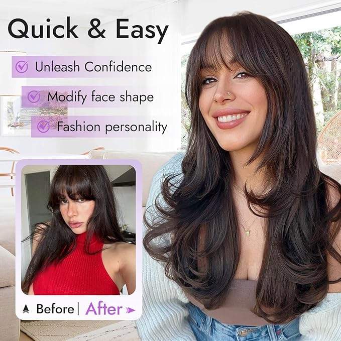 Long Dark Brown Wig with Bangs for Women, 4x4 Realistic Scalp,Free Parting, Layered Hairstyle Synthetic Heat Resistant for Daily Party Use 26 inch
