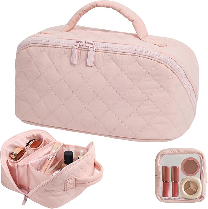 RunaFun Travel Makeup Bag for Women, Puffer Quilted Open Flat Makeup Organizer with Toiletry Bag, Portable Cosmetic Case for Travel & Daily Use，Pink