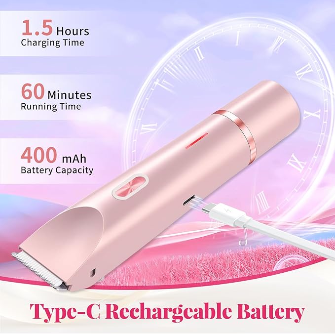 Bikini Trimmer for Women, 2-in-1 Painless Electric Razor with Ceramic Blade, Cordless for Sensitive Skin, Waterproof Dual Head Shaver Women for Facial and Body (Pink)