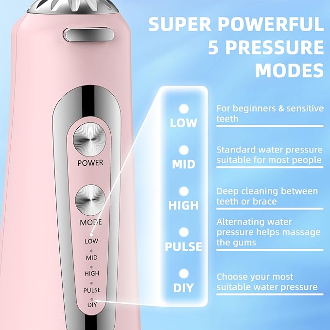 Water Flosser,300ML Water Pulse flossers-5 Modes&6 Replaceable Jet Tips for Teeth Cleaning and Flossing,Rechargeable (Pink)