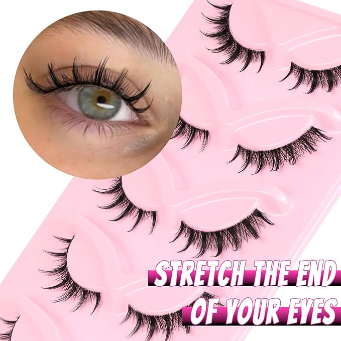 Veleasha Cat Eye Lashes Natural Manga Eyelashes Wipsy Crisscross Fox Eye Lashes with Spike C Curl Clear Band False Eyelashes 5 Pairs Pack (PouncePix)