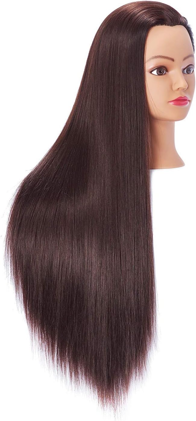 Hairingrid 26"-28" Mannequin Head Hair Styling Training Head Manikin Cosmetology Doll Head Synthetic Fiber Hair and Free Clamp Holder Stand (Dark brown)