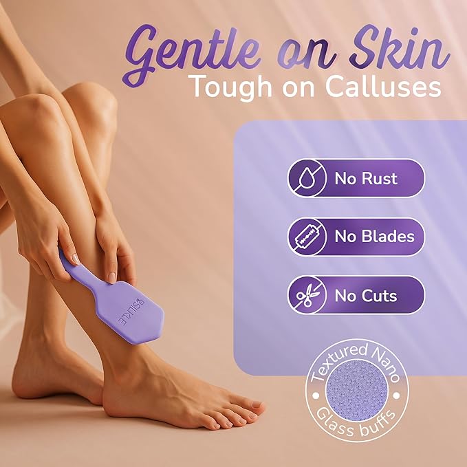 Nano Glass Foot File - Silicone Foot Callus Remover for Feet and Cracked Heels - Heel Scraper for Dead Skin - Ergonomic Foot Scrubber & Exfoliator for Shower with Non-Slip Grip - Purple