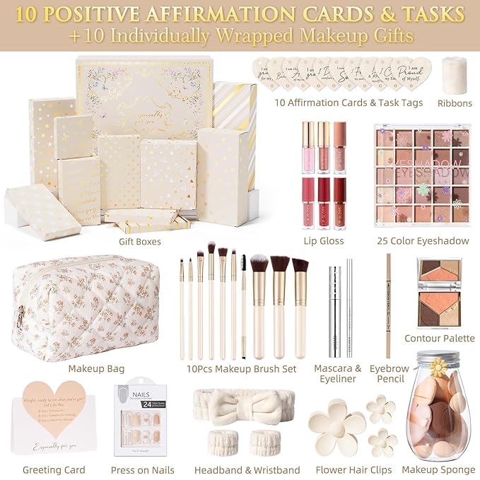 Teen Girl Gifts Trendy Stuff, 10 Positive Affirmation Cards & Empowering Challenges to Unlock 10 Wrapped Makeup Gift Set Motivational Birthday Valentines Day Gift Basket for Tween & Teenage Girls