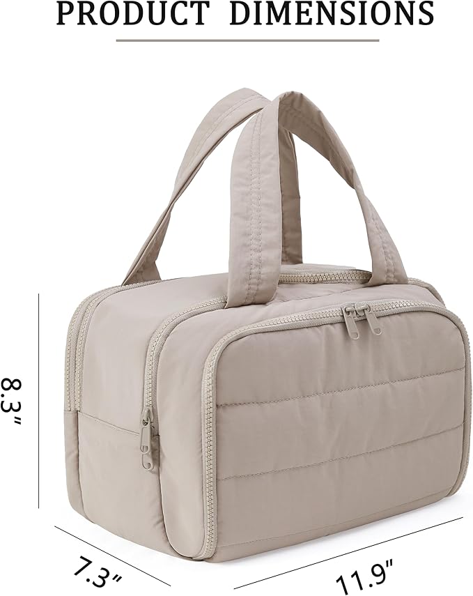 BUZFOWU Travel Toiletry Bag for Women, Large Wide-open Puffy Cosmetic Makeup Bag with Wet-Dry Separation, Multi-Pocket Organizer with Carry Handle for Toiletries, Cosmetics, Essentials, Camel
