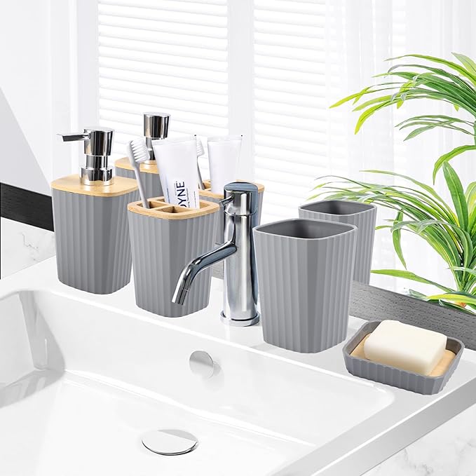 XLHOMO Bathroom Set - Grey Bathroom Accessories Set with Shower Curtain, Bath Towels, Soap Dispenser, Toilet Brush, Trash Can, Grey Bathroom Accessories Sets Complete for Housewarming