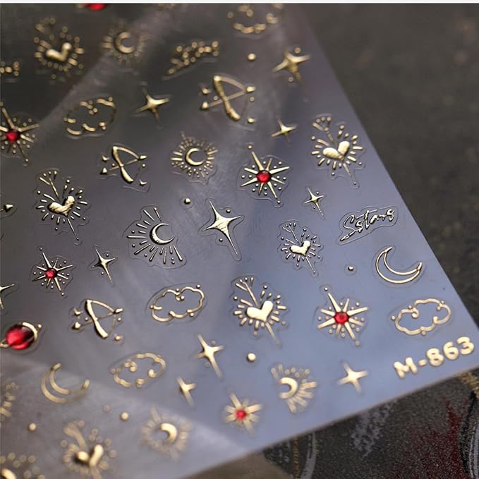 5D Embossed Gold Nail Stickers for Nail Art Star Nail Art Stickers 3D Self-Adhesive Nail Decals Gold Heart Moon Design Nails Charm Nail Supplies Star Manicure Decorations for Women Girls