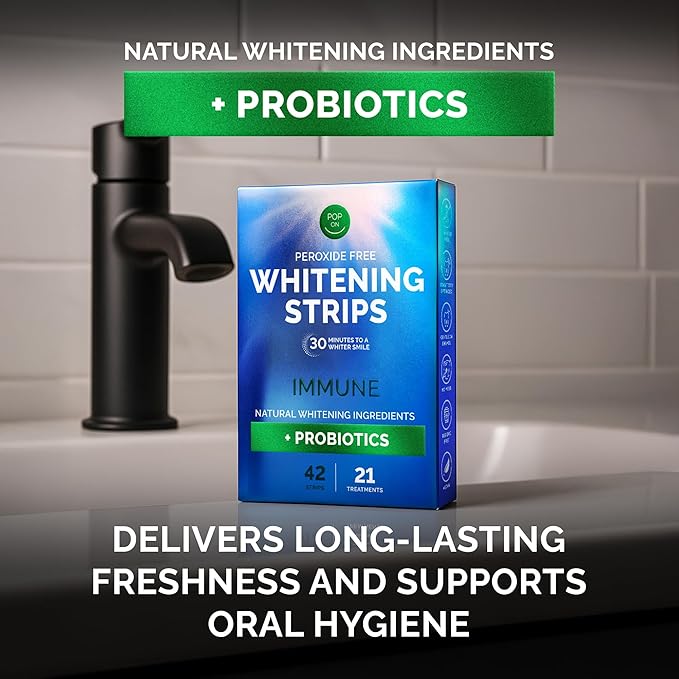 Teeth Whitening Strips by Pop On, 14 Strips, 7-Day Treatment, Non-Slip, Sensitive Teeth Whitening Strips, Made with Natural Ingredients, Mint Flavor, with Essential Probiotics, Hydrogen Peroxide Free