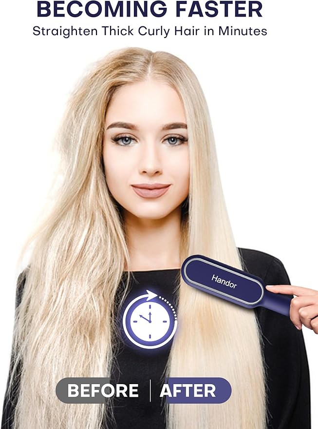 Pro Ionic Hair Straightener Brush for Women - 9 Temp Settings with LED Display, 20s Fast Heat (250°F-410°F), Dual Voltage & Travel Bag for Frizz-Free Salon Finish