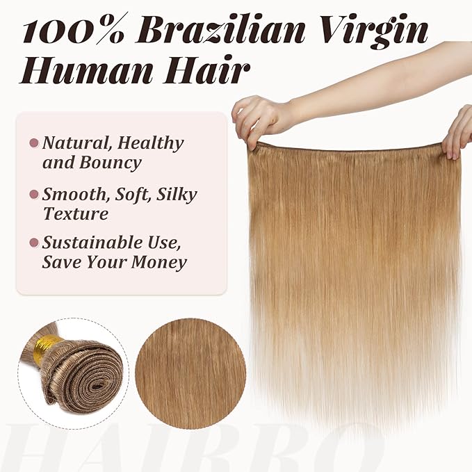 Hairro Sew in Hair Extensions Real Human Hair, 100g/bundle Weave Weft for Women Adding Volume and Length, for DIY Beauty Dating Party, 20 Inch One Bundle Straight Dark Blond