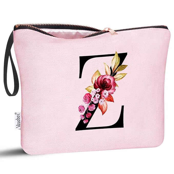Vavabox A-Z Personalized Makeup Bag, Birthday Gifts for Women Mom, Gifts for Best Friend, Bride Bridesmaid Cosmetic bag (Z, Pink)