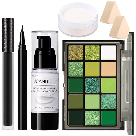 UCANBE Green Halloween Makeup Kit – Zombie Witch Beetle Juice Monster Makeup Set for SFX Costume Cosplay with Eyeshadow Palette, White Foundation, Black Lipstick,Eyeliner, Setting Powder & Sponges