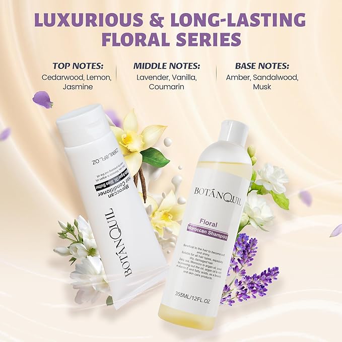 BOTANQUIL Moroccan Shampoo and Conditioner Set with Argan Oil, Shea Butter & Hyaluronic Acid Plant Based Gentle Cleansing for Dry, Damaged Hair, Hair Hydrating Anti Frizz- Floral Scent