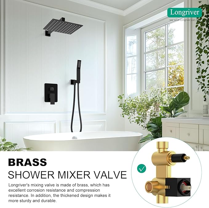 Longriver Matte Black Shower System, XL-MB12, Shower Trim Kit, 12 Inch Rainfall Shower Head with Handheld Spray, Wall Mounted, Matte Finish, 1.75 GPM Flow Rate
