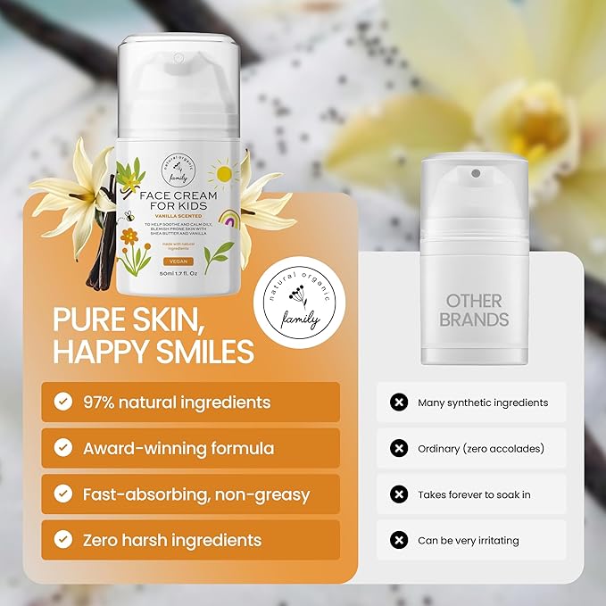 Kids Face Cream - Gentle and Calming Moisturizer Lotion for Sensitive Skin, Natural Hydration and Spot Control with Shea Butter, Tea Tree, Hyaluronic Acid, Vitamin E - Made in UK - Vanilla Scented