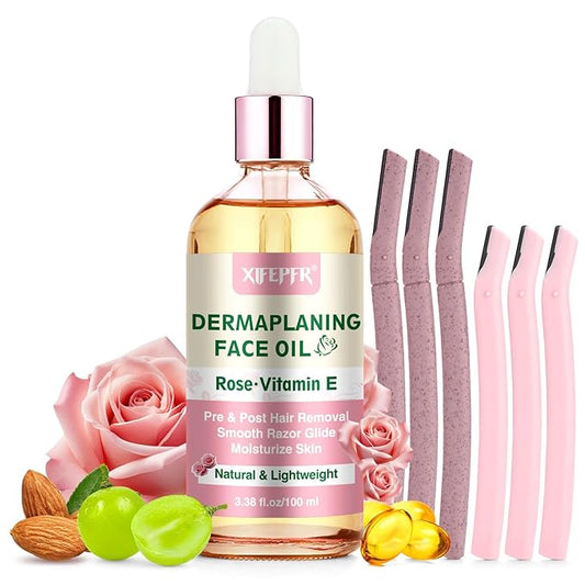 Dermaplaning Kit, Rose & Vitamin E Oil, Shave Oil with Dermaplaning Tools for Women, Facial Razor, Eyebrow Razor, Softens Area Pre Shave & After Shave