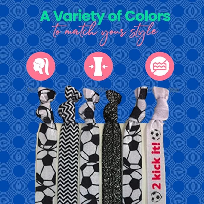 SportyBella Soccer Hair Accessories - No Crease Elastic Hair Ties, Ideal Gift for Girls Soccer Players (6pcs)