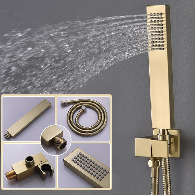 WHSHOWER Digital Display Shower Faucet Set With 12 Inch Rainfall Shower Head,Brass Handheld Sprayer And 6pcs Body Jets,Full Body Shower System (Brushed Gold)