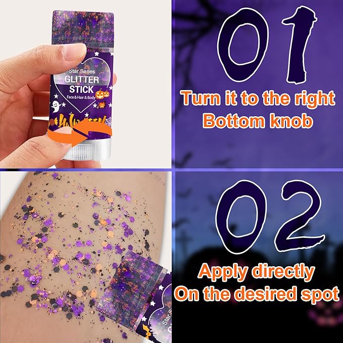 Halloween Body Glitter Stick, Black Purple and Orange Face Glitter Accessories for Rumi Costume and Rumi Cosplay Makeup, Waterproof Face and Hair Glitter Makeup for Kids and Women