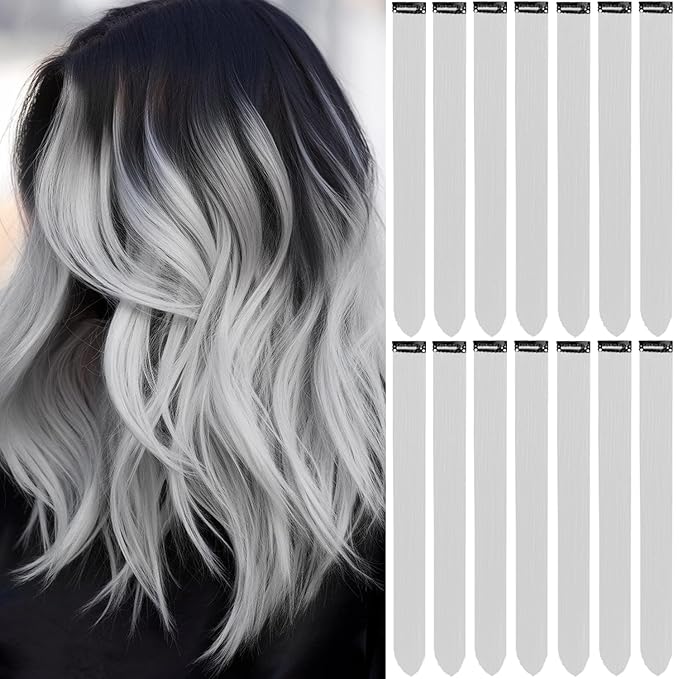 Colored Hair Extensions 14 PCS, 22 In Light Grey Clip in Hair Extensions Party Highlights, Colorful Long Straight Synthetic Hairpieces for Girls Women Kids Gift(Sliver Gray)