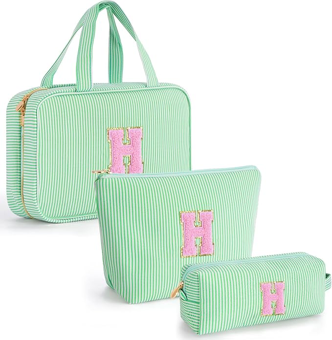 Fystdtote Personalized Friend Birthday Gifts - 3 Pieces Toiletry Makeup Bag Cosmetic Bags for Women Travel Make up Bag with Small Makeup Bag Wedding Bridesmaid Gifts for Women - Green H