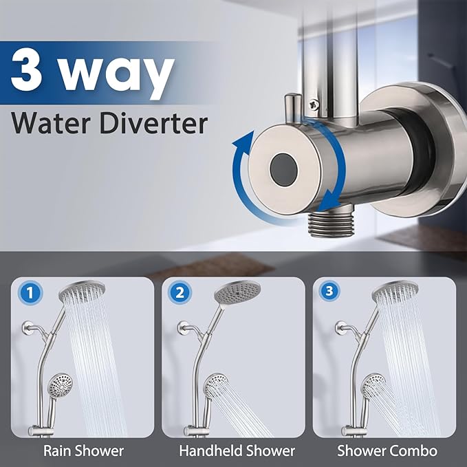 UCLIMAA High Pressure Shower Head with Handheld Shower, 26" Adjustable Height Drill-Free Slide Bar, 3-Way Diverter for Easy Reach, Dual Shower Head Combo Set with 5ft Hose - Brushed Nickel