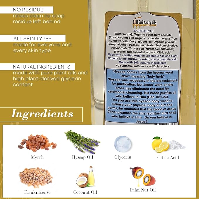 BIBLE N Beautyoils Cleanse Me With Hyssop Natural Hair and Body Wash, Organic Hyssop Infused Shampoo and Body Wash for Nourishing and Refreshing Hair & Body Cleansing