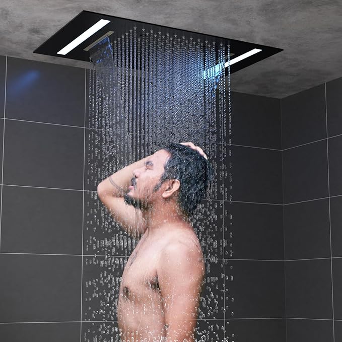 HOMEDEC 14x20" Full Body LED Shower Head, Multi-Function High-Pressure Rainfall Mist Waterfall, 3 Functions Can Be Used Together or Separately, Black