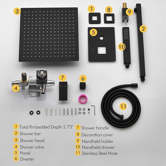 Fransiton 12 Inches Matte Black Shower System Rain Shower System Set Wall Mounted, Rainfall Shower Head with Handheld, Bathroom Shower Kit (Valve Included)