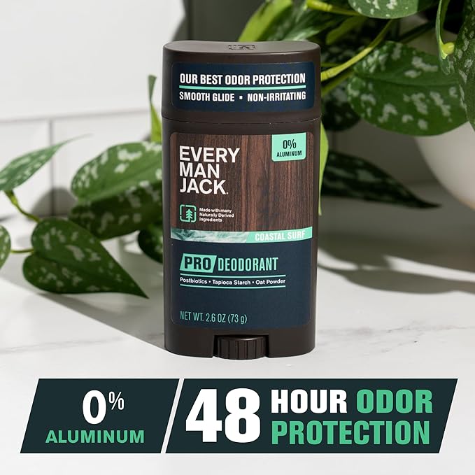 Every Man Jack Men's Pro Deodorant - 48-Hour Odor Defense Blend - Aluminum Free - Contains Postbiotics, Tapioca Starch & Oat Powder - Coastal Surf Scent - 2.6 oz - 1 Pack