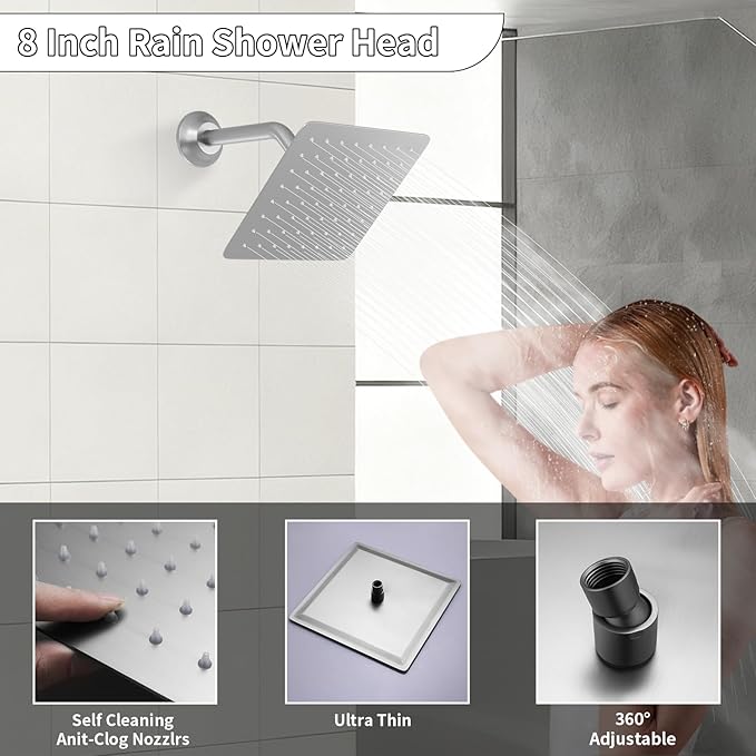 HONGTONGSOWER Bathroom Rainfall Shower System Wall Mount 8 Inch Shower Head With Handled Spray 6 Pcs jets Temperature Display Shower Faucet Set (Brushed Nickel)