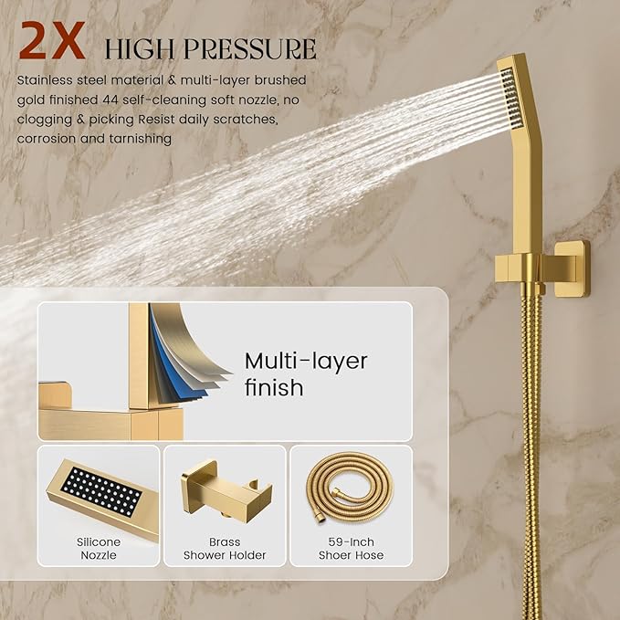 Longriver Shower Faucet Set, Shower System Bathroom High Pressure 12 Inches Rainfall Shower Head with Handheld Spray, Wall Mounted Shower Fixtures with Shower Valve and Trim Kit, Brushed Gold
