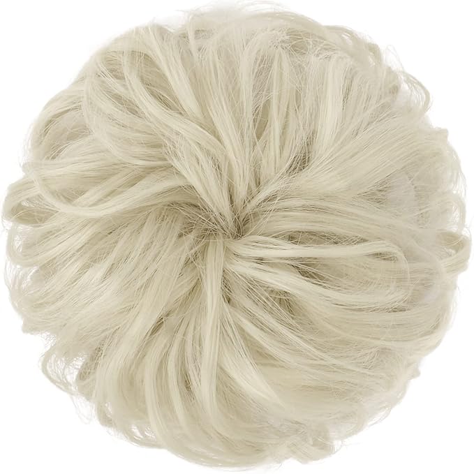 FESHFEN Messy Bun Hair Piece - Wavy Synthetic Chignon Scrunchies for Instant Volume, Elastic Bun Ponytail Hair Extensions Thick Hairpieces for Women, Ash Platinum Blonde 1.50 oz