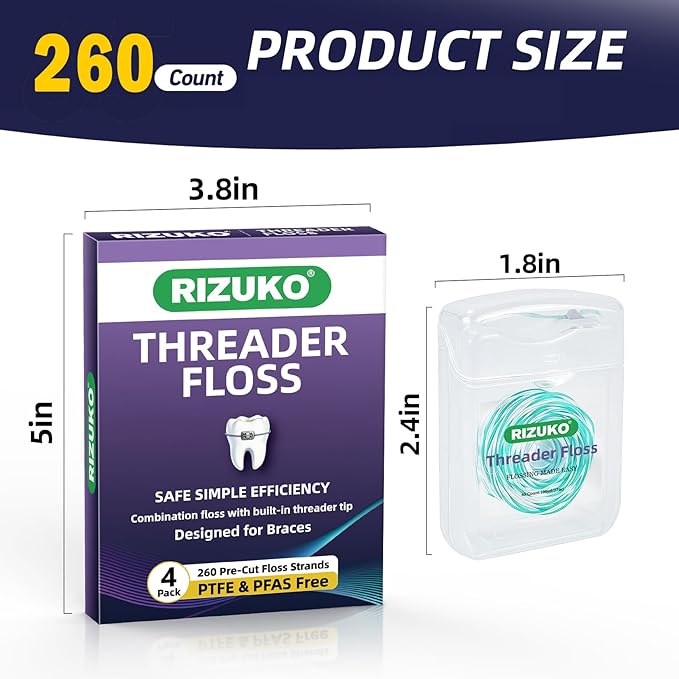 Threader Floss,2-in-1 Dental Floss for Braces, Bridges & Implants,Easy Threading Design,260 Count PTFE & PFAS Free Sponge Floss for Deep Cleaning (65 Count(Pack of 4), Light Mint)