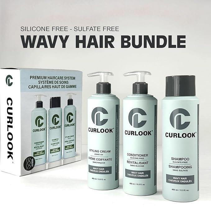 CURLOOK Wavy Hair Bundle | Shampoo, Conditioner & Leave-In Styling Cream Set | Sulfate-Free, Silicone-Free | Pack of 3-400ml (13.5 oz) Each Bottle | Made in Canada