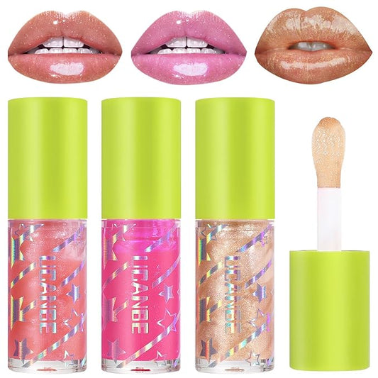UCANBE 3 Color Shimmery Lip Oil Gloss - Luxurious Radiant Hydrating Tinted Lip Glow (Coral/Gold/Raspberry), Non-Sticky Shiny Lip Plumper Top Gloss for All-Day Wear and Comfort