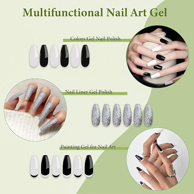 Gel Nail Art Polish Set with Thin Brush – 4 Colors White Gel Nail Polish Black Silver Glitter Liner for Nail Art Design French Tips Soak Off UV/LED 8ml