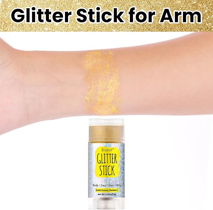 Brzeaf Golden Glitter Stick, Body Glitter, Singer Concerts Music Festival Rave Accessories, Shimmery & Long Lasting, Chunky Glitter for Face/Body/Hair/Eyes/Lip, Face Glitter Makeup