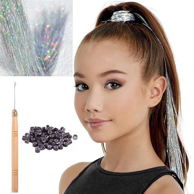 47" Holographic Hair Tinsel Kit - Shining Silver Professional Sparkle Heat-Resistant Silk Hair Extensions - Party Hair, Gifts for Girls (2200 Strands)