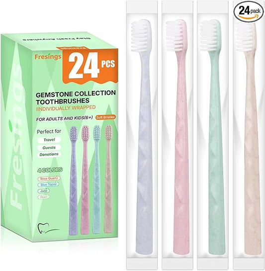24 Pack Premium Disposable Toothbrush with Tongue Scraper – Individually Wrapped Bulk Travel Toothbrushes, Soft Bristles for Guests, Hotel, Vacation Rental, Home & On The Go,4 Colors