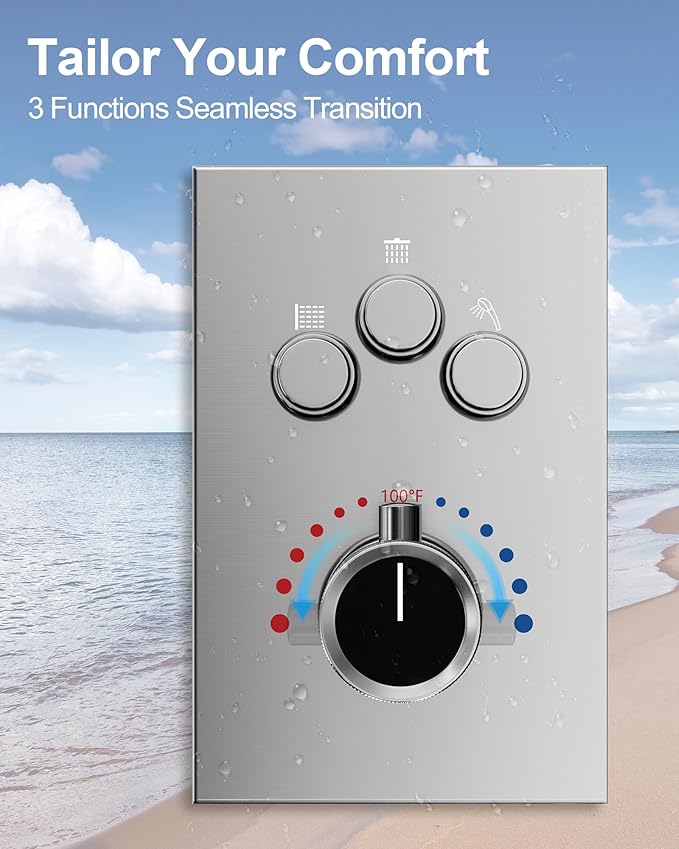 GRANDJOY Thermostatic Shower System, Dual Rainfall Shower Heads for Ceilling & Wall Mounted with Handheld Sprayer, Brushed Nickel