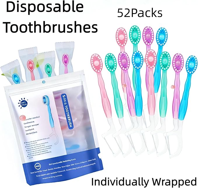 Disposable Travel Toothbrushes with Toothpaste, Individually Wrapped Mini Single Use Toothbrushes, No Water Needed Toothbrushes with Tongue Scraper for Travel, Hotel, Camping (52Packs)