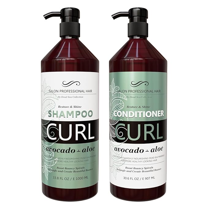 Dead Sea Collection Shampoo and Conditioner Set for Curly Hair - Pure Dead Sea Minerals, Avocado and Aloe – Professional Hair Care - Softening and Moisturizing - Pack of 2 (33.8 & 30.6 Fl. Oz)