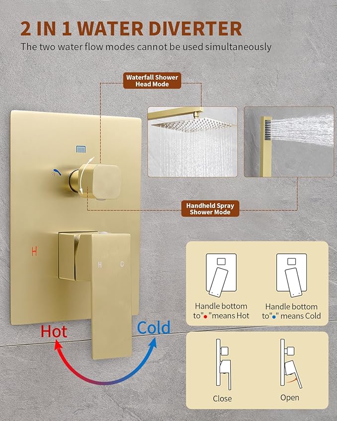 Fransiton Shower Faucet set with Shower head 10 Inches Rainfall Shower Head and Handle Set Single Handle Wall Mounted Shower System Set with Female Threads Valve Body(10", Brushed Gold)