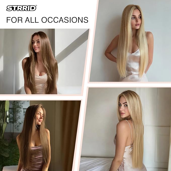 Clip in Hair Extensions Straight 26 Inch Long Invisible Synthetic Extension 5PCS Thick Fake Heat Resistant Clips on Hairpieces for Women Weddings Party Daily Use Golden Copper 8.1 Oz