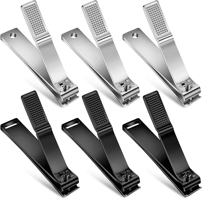 Mudder 6 Pcs Silver and Black Large Toenails Clippers Nail Clippers Straight Edge Toenails Cutters Stainless Steel Nails Trimmer Cutters for Men Women Thick Nails Straight Sharp Blade Anti-slip Handle